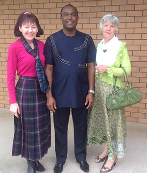 Fr Nicholas Okafor with Councillor Cathy Duff and Marcia Hunt